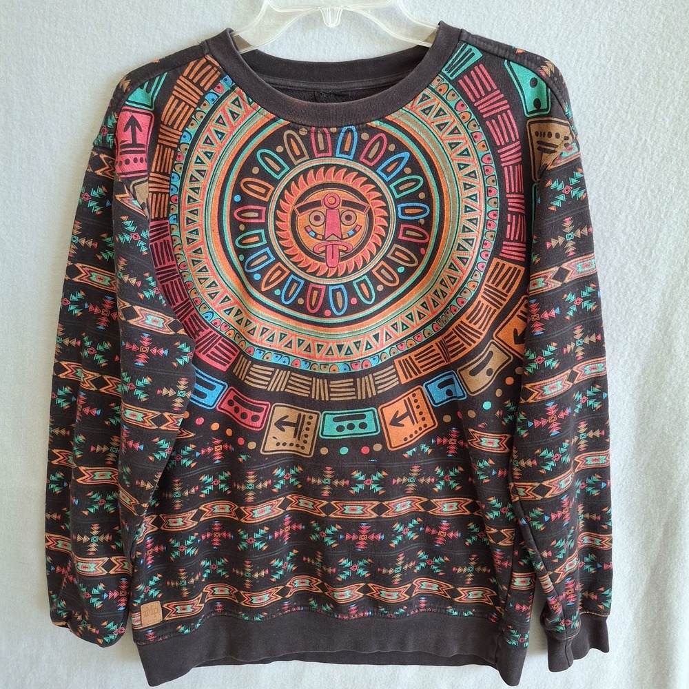 Imperious Men's Large Aztec Sun Face Sweatshirt All Over Print Tribal AOP Y2K